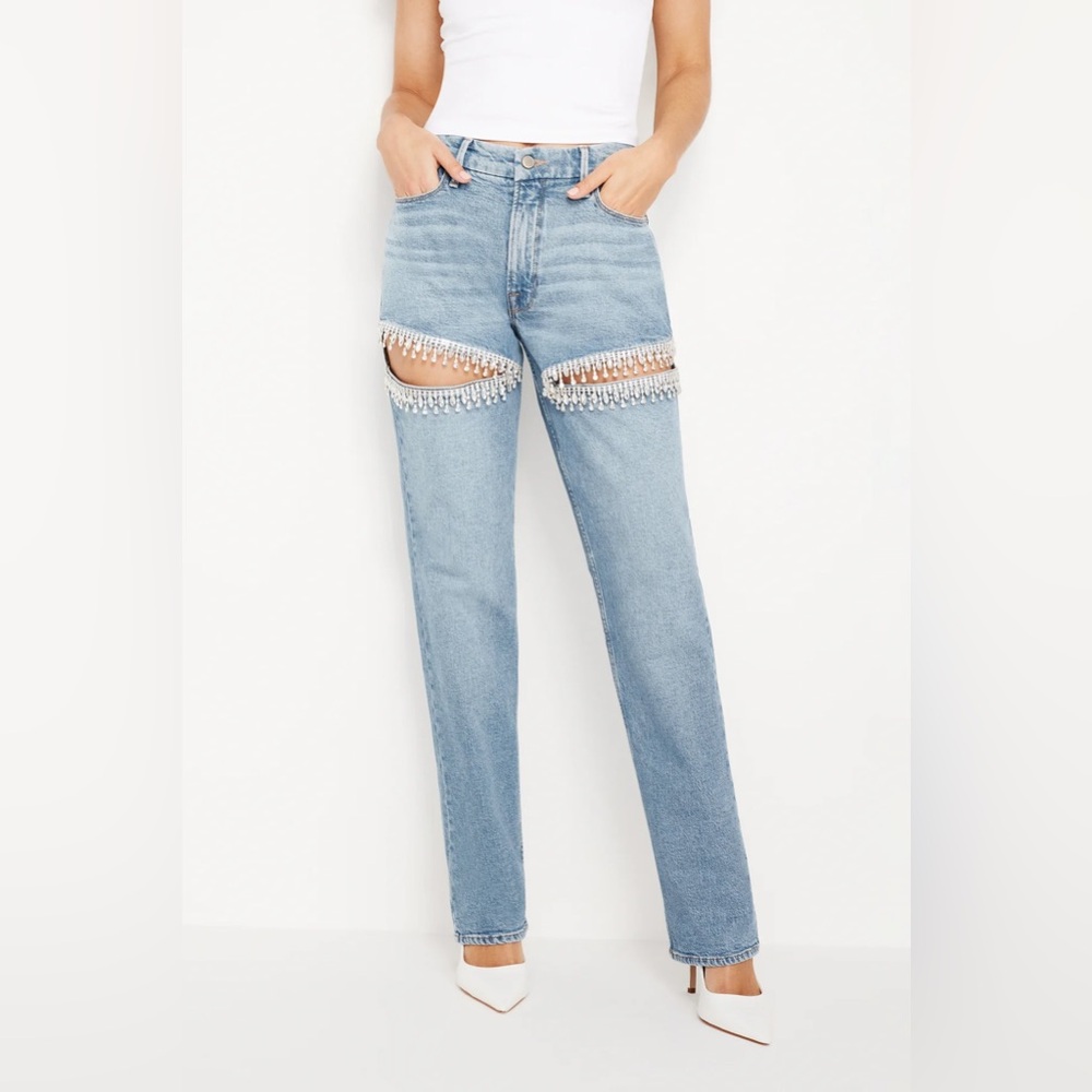Good American Crystal Slit Jeans - Size 16 -Good Icon Straight Diamond-Indigo357